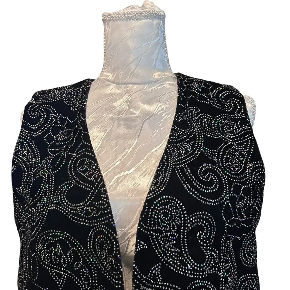 Vintage 80s Black Velvet Rhinestone Studded Vest Old Hollywood Medium
